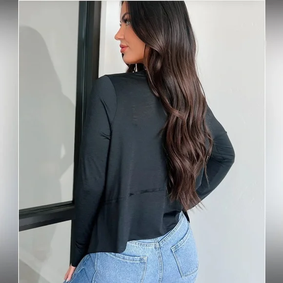 Zenana Side Slit Long Sleeve Top Womens Size Large Black Thumb Hole Detail - Picture 4 of 11